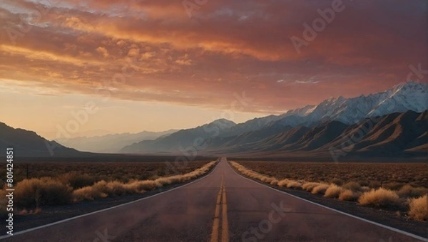 Fototapeta Empty paved road with mountains at sunset