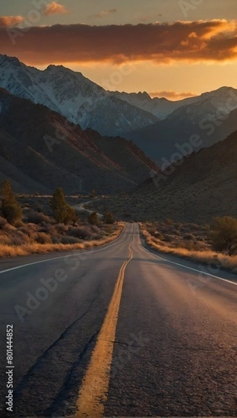 Fototapeta Sunset on empty road with mountains