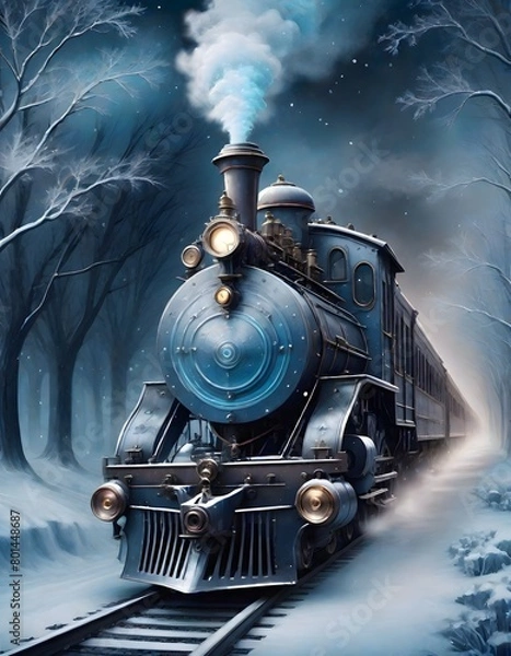 Fototapeta Blue steam locomotive traveling on tracks through a snowy landscape at night, with a plume of smoke, giving an ethereal glow against the dark sky, Generative AI.