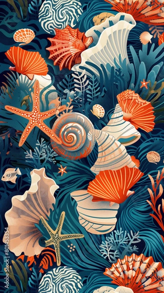 Fototapeta Variety of marine life illustration background with seashells, starfish, and coral in rich, detailed design