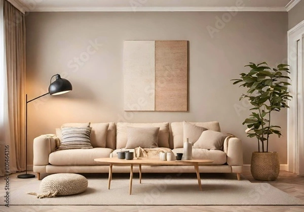 Obraz Beautiful living room interior with comfortable sofa, table, carpet and lamps suitable for relaxing or gathering with family