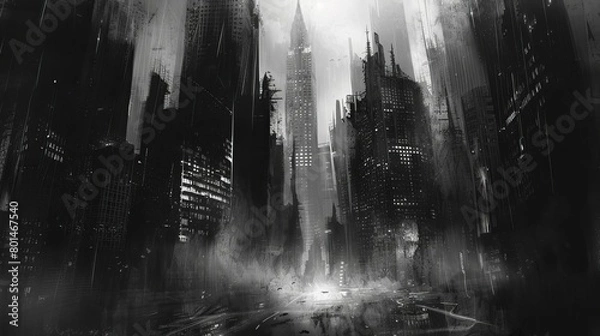 Fototapeta gritty noir cityscape with towering skyscrapers and shadowy street misty cold sin city charcoal digital painting