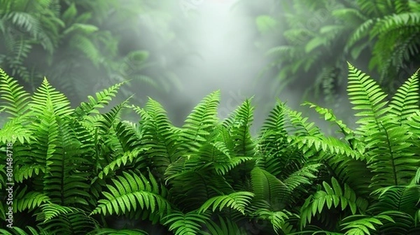 Fototapeta   A verdant woods abound in many foliage species, illuminated by a radiant beams from beyond