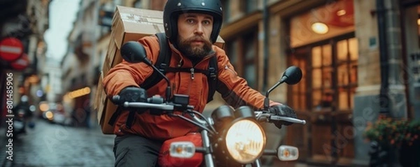 Fototapeta Delivery rider with package on red scooter