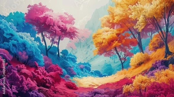 Fototapeta A surreal painting of a forest with pink, blue, and yellow trees and purple flowers.