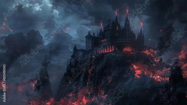 Fototapeta ominous demon castle perched on rocky cliff in fiery hellscape dark fantasy illustration