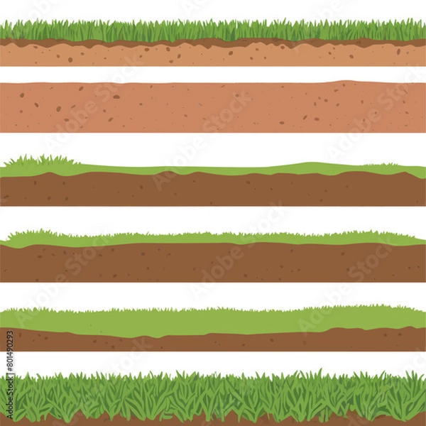 Obraz Set of various seamless ground cross sections showing layers of soil, grass, and underground textures, perfect for environmental and landscaping designs.