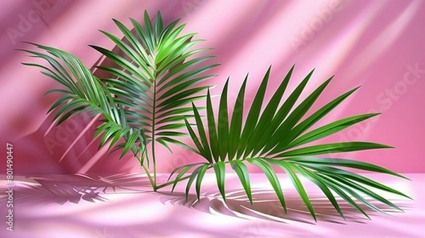 Fototapeta   A pair of palm trees rest atop a pink floor beside a pink wall and cast a shadow