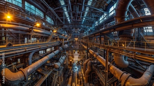 Fototapeta A panoramic view inside a factory showcasing a maze of steel pipelines and valves, illuminated by overhead lights
