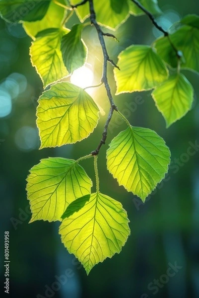 Obraz Sunlight shining through a branch with green leaves