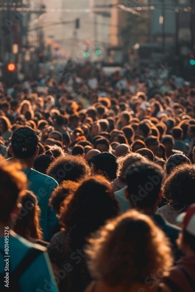 Fototapeta Image of a bustling street scene with a focus on individuals in the foreground, amidst a crowd, faces are blurred