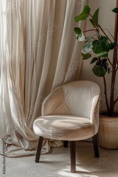 Fototapeta  A FRONT VIEW of beige VELVET chair , with backdrop of linen curtain and planter, minimal, close up 