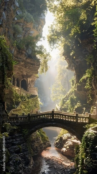 Fototapeta Enchanting Misty Forest Bridge in Otherworldly Landscape of Mystical Ruins and Caverns