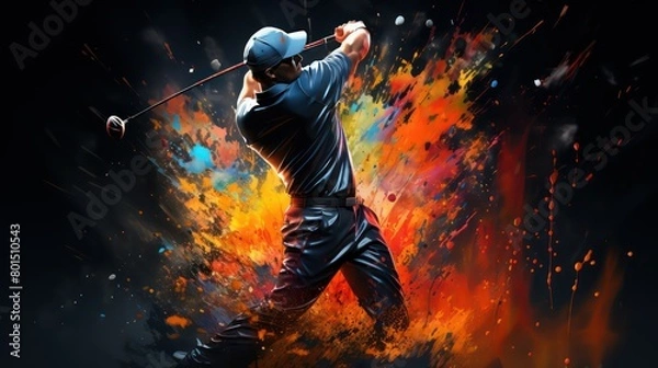 Obraz Muscular man playing golf against colorful abstract design on black background