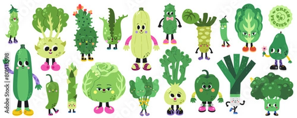 Obraz Cute cartoon green vegetables vector set on a white background.
