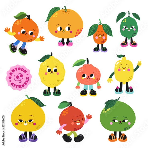 Obraz Cute cartoon citruses illustrations vector set on a white background.