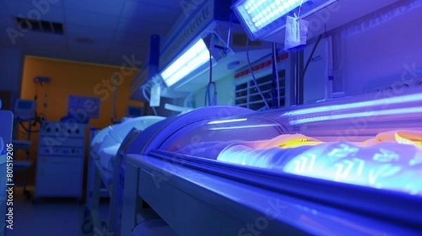 Fototapeta A hospital room with an abundance of bright neon lights illuminating the space, creating a vibrant and colorful atmosphere.