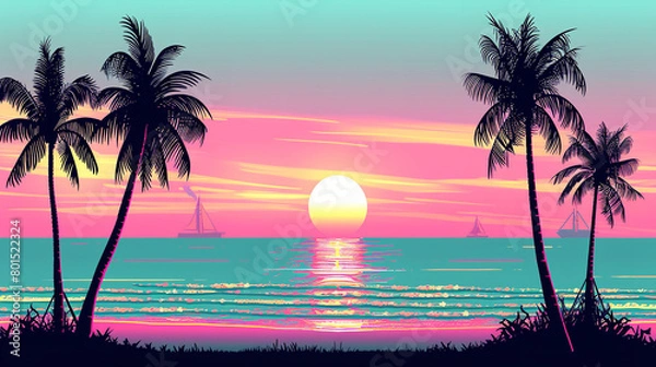 Obraz A miami vice theme banner with soft neon pink, teal and black gradient colors, in the style of 80s