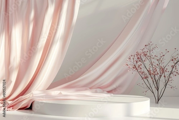 Fototapeta 3D display podium, white background with pedestal and light rose color cloth curtain.