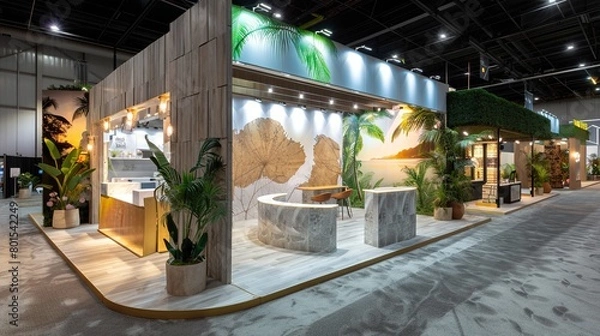 Fototapeta A modern trade show booth with tropical design elements featuring palm trees, wooden textures, and sunset imagery.
Tropical Themed Trade Show Booth