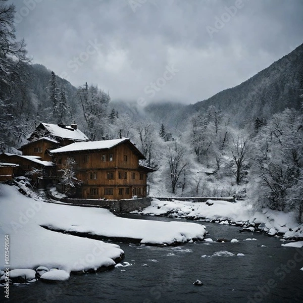 Obraz Snow is falling on the high mountains, there is a one house, and a river is flowing.