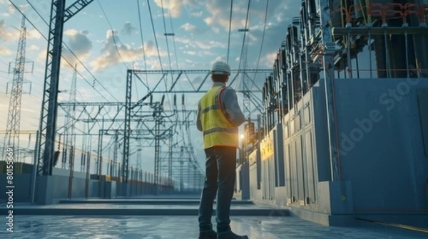 Obraz Electrical substation engineer inspect modern high-voltage equipmen