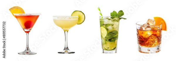 Fototapeta set bundle of colorful exotic refreshing cold cocktails PNG transparent background isolated graphic resource. Cosmopolitan, Margarita, Old fashioned, Mojito with citrus fruit and ice