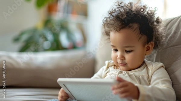 Fototapeta A baby sitting on a couch, engrossed in playing with a tablet device.