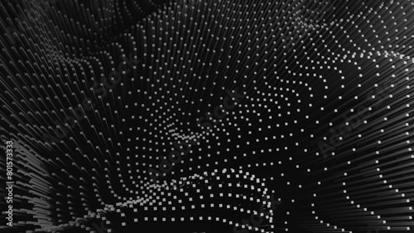 Fototapeta Abstract geometric curved area of ​​small bars Distorted space with 3D texture of dark, black and white space. 3D rendering.