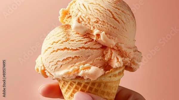 Fototapeta   Hand holding an ice cream cone in front of a pink background with scoop of ice cream