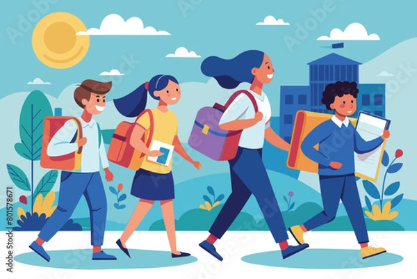 Fototapeta Diverse Group of Smiling Students and Teacher Walking to School with Backpacks, Flat Illustration