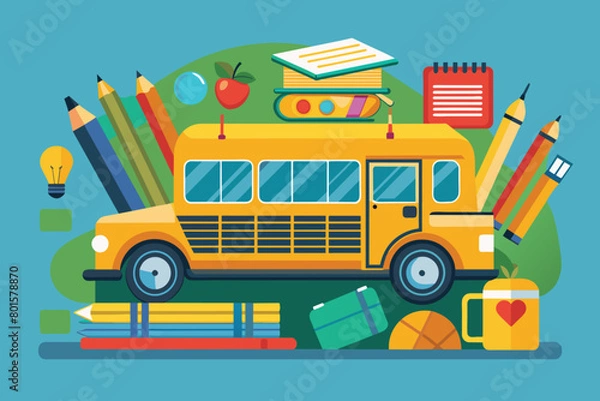 Fototapeta Yellow School Bus with Education and Back to School Supplies Flat Vector Illustration