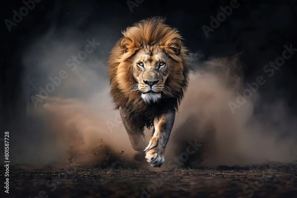 Obraz Dynamic image of a lion running fast at night, dust billowing, motion blur visible, intense and dramatic.