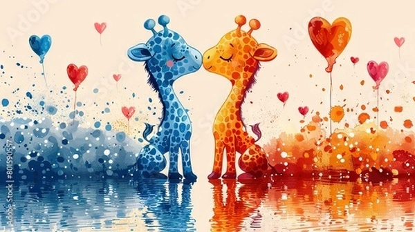 Fototapeta   A pair of giraffes standing near a body of water with heart-shaped balloons
