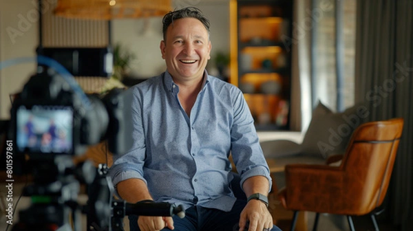 Obraz Smiling Man Being Interviewed on Camera. Cheerful man in a casual shirt sitting for an on-camera interview in a cozy room, giving a sense of approachability and openness.