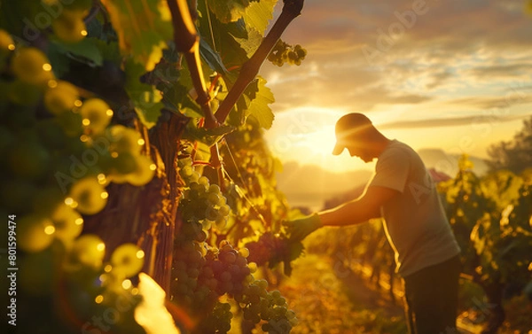 Fototapeta A man harvesting green grapes in a grape plantation with a beautiful view of a sunset in the background, harvesting season, grape harvesting season. Generative AI.