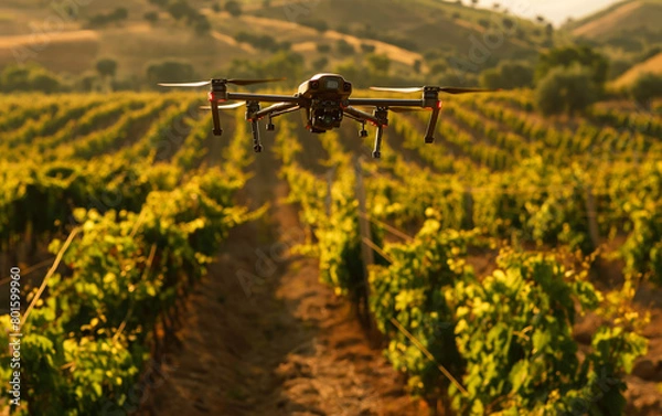 Fototapeta A modern drone flying over a grape field plantation monitoring growth and fumigation, grape harvesting season. Generative AI.