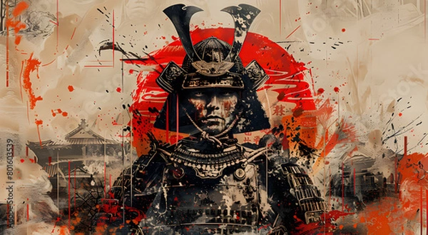 Fototapeta Close-up portrait of a samurai with Japanese elements.