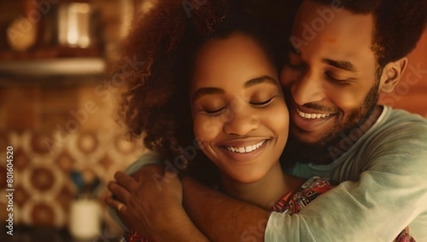 Fototapeta Happy couple in love hugging on a dark background. Concept of care, tenderness of love. and connection. Family couple embracing. 