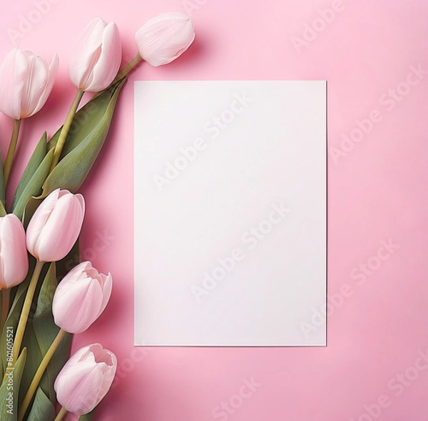 Fototapeta Empty white blank with pink tulips, pink background, close up, copy space