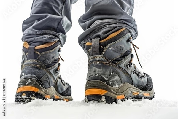 Fototapeta A person wearing hiking boots is walking in the snow.