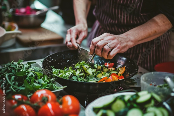 Obraz Process of preparing a healthy and balanced meal, from selecting fresh ingredients to cooking and plating, emphasizing the importance of mindful eating.