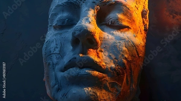 Fototapeta A close view of a cracked clay sculpture portraying interracial human face.