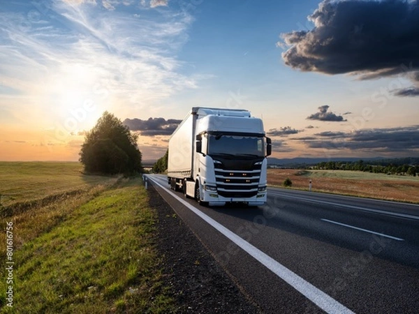 Obraz White truck driving on the asphalt road in rural landscape at sunset