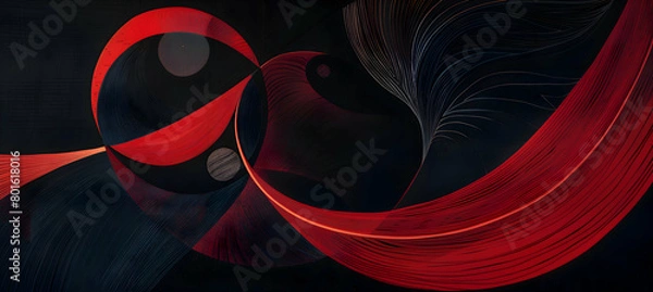 Fototapeta An elegant abstract artwork combining bold geometric patterns with soft, sweeping curves, rendered in deep midnight black and vibrant crimson red