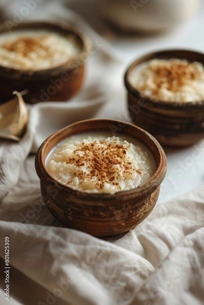 Fototapeta Delicious creamy rice pudding sprinkled with cinnamon in a vintage ceramic bowl, creating a warm, comforting dessert atmosphere.
