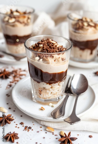 Fototapeta Festive dessert glasses layered with rice pudding, caramel drizzle, and nut toppings, set on a white plate with bokeh lights in the background...