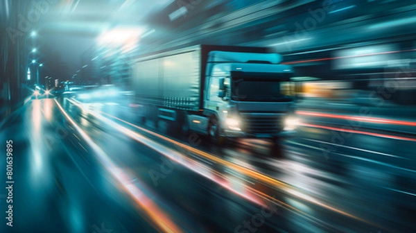Fototapeta Abstract motion blur of delivery trucks on the move, symbolizing the fast pace of online order fulfillment and shipping, ecommerce background, with copy space