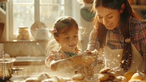 Fototapeta A vibrant kitchen scene where a mother and her daughter, aprons on, are playfully baking cookies together, flour dusting their noses, capturing the warmth and fun of shared activities.