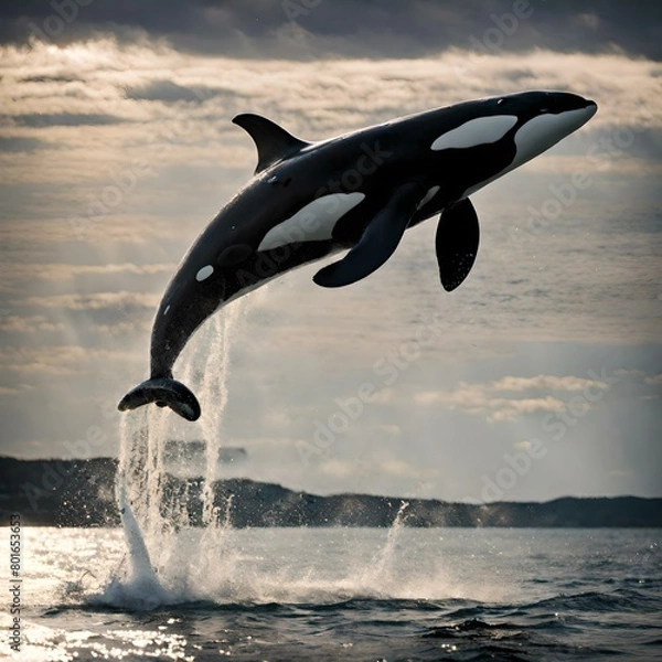 Fototapeta A scene of a killer whale jumping in the summer sea.